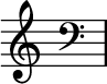 { \new Staff \with{ \magnifyStaff #3/2 } << \time 2/16 \override Score.TimeSignature #'stencil = ##f { \clef treble \key a \minor s16 \clef bass \key a \minor s16 } >> }