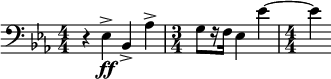   \relative c { \clef bass \key ees \major \numericTimeSignature \time 4/4 r4 ees->\ff bes-> aes'-> | \time 3/4 g8[ r16 f] ees4 | ees'~ | \time 4/4 ees } 