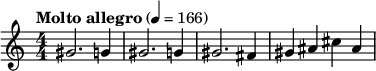  \relative c'' { \set Staff.midiInstrument = #"trombone" \clef treble \numericTimeSignature \time 4/4 \tempo "Molto allegro" 4 = 166 gis2. g4 | gis2. g4 | gis2. fis4 | gis ais cis ais } 