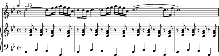 
\new Score {
<<
  \new Staff {
    \relative c''' {
      \clef "treble^8"
      \key g \minor
      \time 4/4
      \tempo 4=116
      \set Staff.midiInstrument = #"piccolo"
      d2~ d8 f16 g16 a16 g16 f16 c16 d8 d16 c16 d4~ d8 f16 g16 a16 g16 f16 c16 d2.(~ d8. f16 d1)
    }
  }
  \new PianoStaff <<
    \new Staff { \clef violin \key g \minor \time 4/4
      r8 <d' g' bes'>8 r8 <d' g' bes'>8 r8 <c' f' a'>8 r8 <c' f' a'>8 r8 <d' g' bes'>8 r8 <d' g' bes'>8 r8 <c' f' a'>8 r8 <c' f' a'>8r8 <d' g' bes'>8 r8 <d' g' bes'>8 r8 <c' f' a'>8 r8 <c' f' a'>8 r8 <d' g' bes'>8 r8 <d' g' bes'>8       r8 <c' f' a'>8 r8 <c' f' a'>8}
    \new Staff { \clef bass   \key g \minor \time 4/4
      g,4 bes,4 a,4 d,4 g,4 bes,4 a,4 d,4 g,4 bes,4 a,4 d,4 g,4 bes,4 a,4 d,4 }
  >>
>>
}
