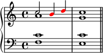 
   \new PianoStaff <<
      \new Staff <<
         \new Voice \relative c'' {
             \clef treble \key c \major \time 4/4
             \voiceOne c2 \override NoteHead.color = #red b4 d \override NoteHead.color = #black c1
             }
         \new Voice \relative c'' {
             \voiceTwo a1 g
              }
            >>
     \new Staff <<
         \relative c {
             \clef bass \key c \major \time 4/4
             <f c'>1 <e c'> \bar "||"
             }
         >>
    >>
