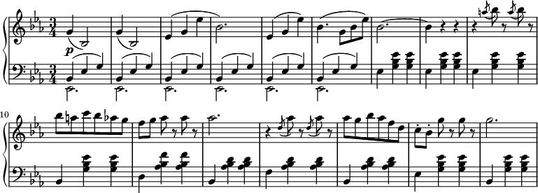 
 \relative c' {
  \new PianoStaff <<
   \new Staff { \key c \minor \time 3/4
        g'( bes,2) | g'4( bes,2) | ees4( g ees' | bes2.) | ees,4( g ees') | bes4.( g8 bes ees) | bes2.~ |\set Score.tempoHideNote = ##t \tempo "" 2. = 48 bes4 r r  r \slashedGrace a'8( bes) r \slashedGrace a( bes) r bes8 a c bes aes g f[ g] aes r aes r aes2. r4 \slashedGrace d,8( aes') r \slashedGrace d,( aes') r aes8 g bes aes f d c-.[ bes-.] g' r g r g2.
      }
   \new Dynamics {
    s\p
      }
   \new Staff { \key c \minor \time 3/4 \clef bass
    <<
      { bes,,,4( ees g) bes,( ees g) bes,( ees g) bes,( ees g) bes,( ees g) bes,( ees g)}
    \\
      { ees,2. ees ees ees ees ees }
    >>
{ ees'4 <g bes ees> <g bes ees> ees <g bes ees> <g bes ees> ees <g bes ees> <g bes ees> bes, <g' bes ees> <g bes ees> d <aes' bes f'> <aes bes f'> bes, <aes' bes d> <aes bes d> f <aes bes d> <aes bes d> bes, <aes' bes d> <aes bes d> ees <g bes ees> <g bes ees> bes, <g' bes ees> <g bes ees> }
      }
  >>
 }
