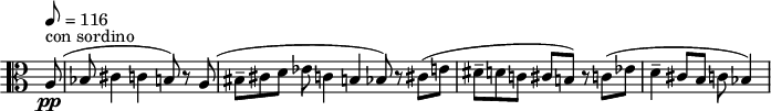 
\version "2.14.2"
\header {
  tagline = ##f
}

\score {
  \new Staff \with {
    \remove "Time_signature_engraver"
  }
  \relative c' {
  \clef alto
  \key a \minor
  \time 8/8
  \tempo 8 = 116
  % \override Rest #'style = #'classical
  % \set Staff.midiInstrument = #""

    % Le sujet de la Musique pour cordes, percussion et célesta 
    \partial 8 a8(^\markup{con sordino}\pp bes cis4 c! b!8) r8 a8( | \time 12/8 bis8--[ cis d] ees c!4 b! bes8) r8 cis( e! \time 8/8 dis8--[ d! c!] cis b!)
    r8 c!8( ees | \time 7/8 d4-- cis8[ b] c! bes4) % les changements de mesure ne s'impriment pas ?!

  }
  \layout {
    \context {
      \Score
      % \remove "Metronome_mark_engraver"
    }
  }
  \midi {}
}
