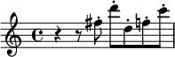  \relative c'' {
    \set Score.tempoHideNote = ##t
    \tempo 4 = 144
    \set Staff.midiInstrument = #"oboe"
    r r8 fis8-. d'8-. d,8-. f8-. c'8-.
 }
