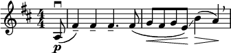  \relative c' { \set Score.tempoHideNote = ##t \tempo 4 = 76 \set Staff.midiInstrument = #"cello" \clef treble \key d \major \numericTimeSignature \time 4/4 \partial 8*1 a8\p(\downbow fis'4--) fis-- fis4.-- fis8( | g\< fis g e)\!\glissando b'4(\> a)\!\breathe } 