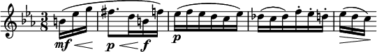  \relative c'' { \set Score.tempoHideNote = ##t \tempo 4 = 66 \set Staff.midiInstrument = #"violin" \clef treble \time 3/8 \key c \minor \partial 16*3 b16\mf(\< ees g\! | fis8.\p\< d16 b\!\f f') | ees(\p f ees d c ees) | des( c des) f-. ees-. d-. | ees(\>[ d c\!)] } 