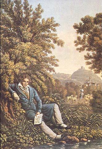 Lithographie de 1834 exposée à la Beethoven-Haus de Bonn, représentant Beethoven composant la Symphonie Pastorale.