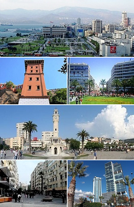 Imagens de Esmirna. De cima para baixo e da esquerda para a direita: 1) Praça Konak; 2) Edifício do Asansör (elevador), em Karataş, Konak; 3)  ; 4) Torre do Relógio (Saat Kulesi), na Praça Konak; 5) Alsancak ; 6) Arranha-céus de Bayraklı.