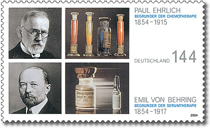 Deutsche Briefmarke zum 150. Geburtstag von Ehrlich und von Behring