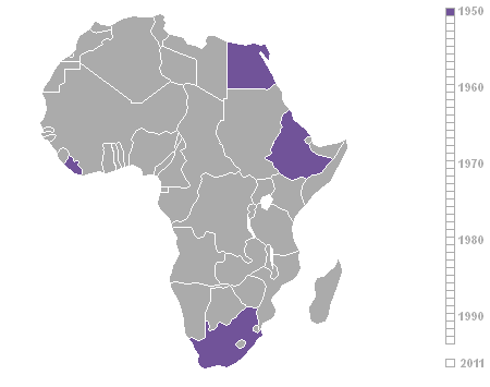 Mapa animáu que representa los países africanos por orde según la fecha de la so independencia (1950-2011).