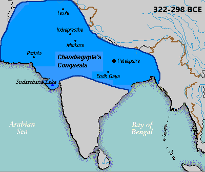 चंद्रगुप्त के साम्राज्य नंद साम्राज्य के कब्जा करेला के बाद, सौराष्ट्र में सुदर्शन झील बनायिके अउर सेल्युकस से चार प्रांत (गेडरोशिया , अराकोसिया, आरिया (हेरात), अउर परोपमिसादई) का जीते के बाद
