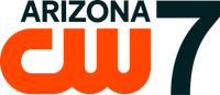 The CW logo, an orange thick logo with the letters C and W connected, in the lower left. Above it, right-aligned, is the word Arizona capitalized in a sans serif. To the right of both, full-height, is a sans-serif numeral 7.