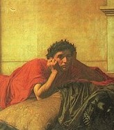 A dark-haired, youthful figure in a red robe, with a melancholy expression, reclines frontwards on a bed or sofa, head resting on hand.