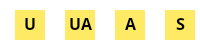 Four yellow boxes with black letters: U, UA, A and S