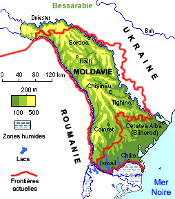 Harta RSSM trasată peste cea a guberniei Basarabia și stângii Nistrului.