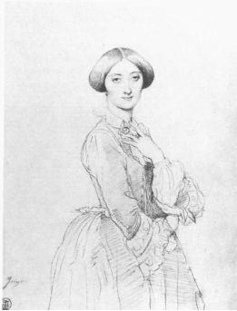 de Broglie standing, with her left arm raised towards her neck