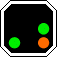 Signal présentant deux feux verts en diagonale et un autre feu orange en bas à droite, le tout sur un carré noir