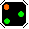 Signal présentant un feu orange en haut à gauche et deux feux verts en diagonale, le tout sur un carré noir