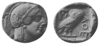 Moneta Attica con la dea Atena e la civetta, suo simbolo