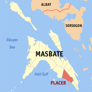 Mapa sa Masbate nga nagpakita kon asa nahimutang ang Placer