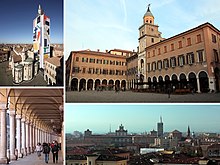 Top left:Modena Cathedral an Ghirladinn Touer, Top richt:Modena Ceety Haw, Bottom left:Stoa o Portici del Collegio in Emilia Street, Bottom richt:View o Modena Ducal Palace an San Domenico Cathedral frae Dante Square