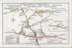 A 1911 map of the West London line (running south to north, depicted in yellow and red) and its junctions