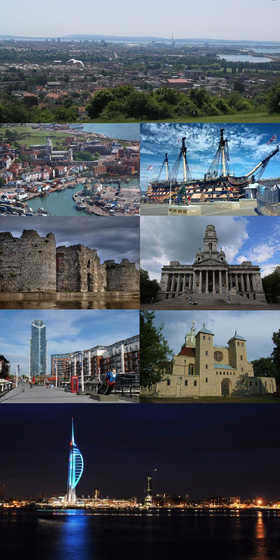 Clockwise from top: the city viewed from Portsdown Hill; HMS Victory; Portsmouth Guildhall; Portsmouth Cathedral; the Spinnaker Tower alongside Portsmouth Harbour; Gunwharf Quays; Portchester Castle; and Old Portsmouth