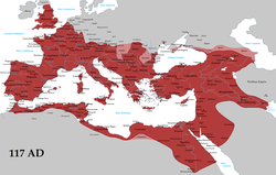   Roman Empire in AD 117 at its greatest extent, at the time of Trajan's death   vassals[៣][lower-alpha ២]