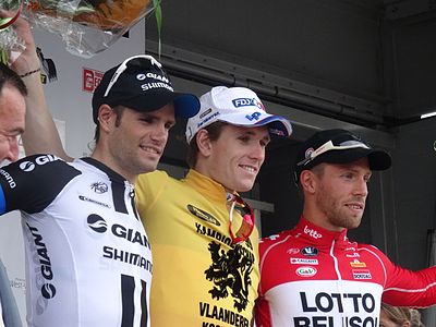 Podium de l'édition 2014 du Championnat des Flandres : Luka Mezgec (2e), Arnaud Démare (1er) et Jonas Van Genechten (3e).