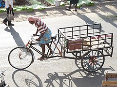 A non-motorized meen body vandi jugaad-style improvised vehicle, in Tamil Nadu, India