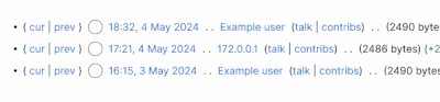 利用者名の以前のスタイルと新しいスタイルを示す履歴ページのモックアップ。IP アドレス 172.0.0.1 は臨時アカウント ~2024-23126-086 に変更され、基になる IP アドレスを表示するアイコンが表示されています