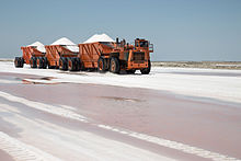 Three large orange trucks transport large loads of salt across a salt flat against a blue sky