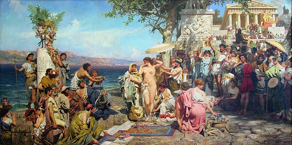 Henryk Siemiradzki. Friné se dispone a bañarse en la playa de Eleusis. 1889.