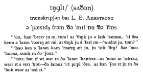 The following words except for Armstrong's name are all are transcribed in the International Phonetic Alphabet: "English (Southern). Transcription by L. E. Armstrong. A Passage from The Mill on the Floss", followed by three more lines of phonetically transcribed lines of dialogue. Punctuation is present throughout the transcription is as it would be in standard English orthography.