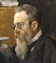 Painting of Rimsky-Korsakov wearing glasses, looking left