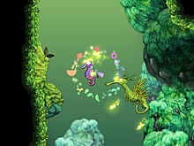 An aquatic humanoid woman swims to the left of the screen. A large seahorse floats behind her, while a larger green seahorse floats to the right. Plants and rock formations are seen around her and in the background in a faded green.