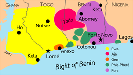 Поширення мови фон (Fon — на карті) в Беніні та Того.