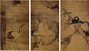 Muqi, Guanyin, Crane, and Gibbons, Southern Song (Chinese), 13th century, set of three hanging scrolls, ink and color on silk, height: 173.9–174.2 cm (68.5–68.6 in), collected in Daitokuji, Kyoto, Japan. Designated National Treasure.