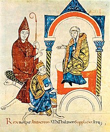 A miniature depictong a crowned man on his knees before a woman and an abbot, each sitting on a throne