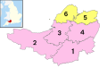 Image 13The ceremonial county immediately prior to the 2023 local government restructuring, with South Somerset (1), Somerset West and Taunton (2), Sedgemoor (3) and Mendip (4) as non-metropolitan districts (shown in pink), and just Bath and North East Somerset (5), and North Somerset (6) as unitary authorities (shown in yellow). (from Somerset)