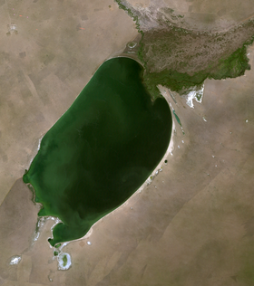 Озеро Буйр-Нуур на космическом снимке LandSat-7 от 9 августа 2005 г. Территория Китая имеет более светлый тон (граница Монголии и Китая видна на юго-западной и северной оконечности озера) из-за значительного перевыпаса скота на китайской территории