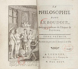 Two pages from the book: on the left an engraving showing a man talking four half-naked women; on the right, the title details of La Philosophie dans le boudoir