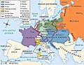 Eiropas karte 19. gs. pēc Vīnes kongresa lēmumiem. Polijas karalistes daļa, Baltijas provinces un Somijas lielhercogiste pievienotas Krievijas Impērijai.