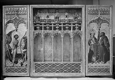 Tríptico con los santos Lorenzo y Leonardo, del Maestro de Arguis (ca. 1450). Obsérvese la reproducción de estructuras y elementos arquitectónicos.