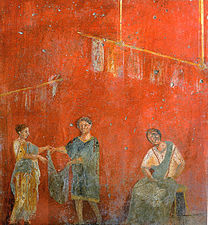 Roman wall painting showing a dye shop, Pompeii (40 BC). Dyed fabrics have been hung up to dry.
