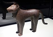 Leopard aquamanile; 17th century; brass; Ethnological Museum of Berlin. The bronze leopards were used to decorate the altar of the oba. The leopard, a symbol of power, appears in many bronze plaques, from the oba's palace
