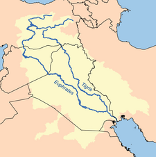Mapa combinado da bacia hidrográfica do Tigre-Eufrates (em amarelo)