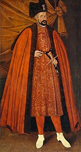 Stephen Báthory, bearded man, standing in red cloak