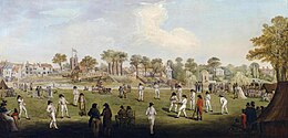 A painting showing a cricket match on Molesey Hurst Park circa 1790. The town of Hampton can be seen In the background, including St Mary's Church and Garrick's Temple to Shakespeare