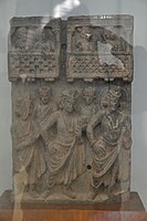Relief depicting men in antriya and uttariya, 1st century CE.
